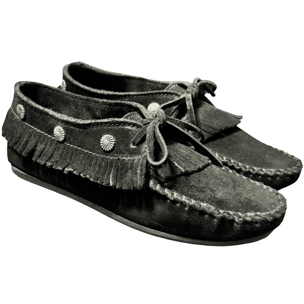 Minnetonka Genuine Suede Leather Black Soft Fringe Concho Moccasins size 8.5 - Picture 2 of 8